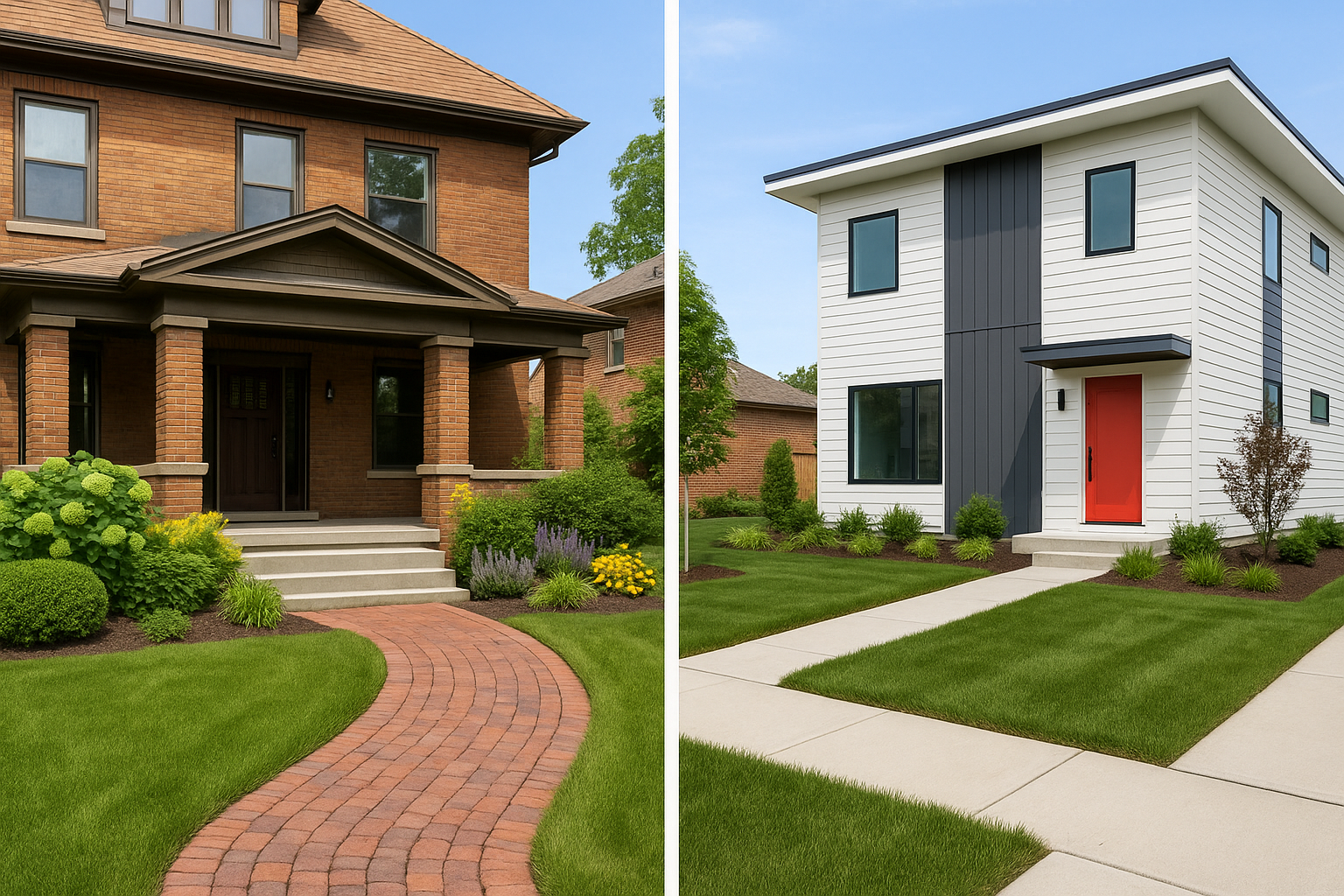 Side-by-side photos: classic brick home with curved walkway vs. modern white house with straight path.