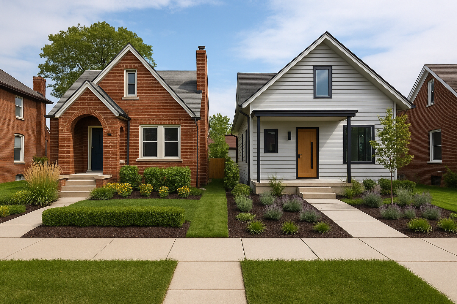 Two houses side-by-side, one brick, one white, with green lawns and sidewalks under a blue sky.