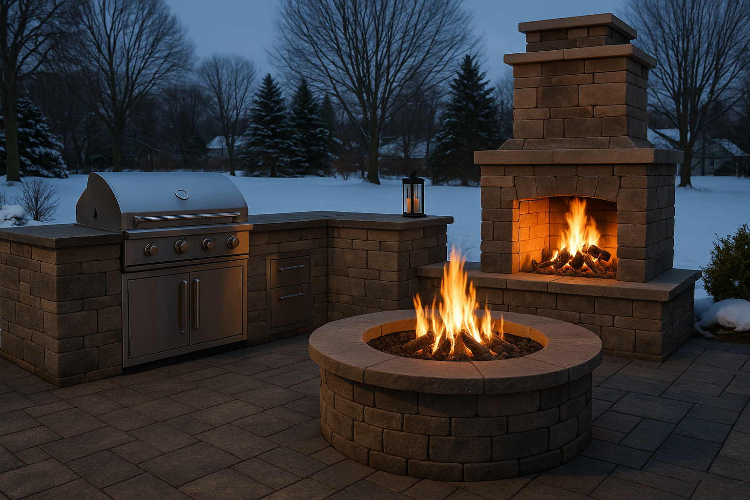 An outdoor stone kitchen and fireplace with a fire pit, all illuminated at dusk with a snowy background.