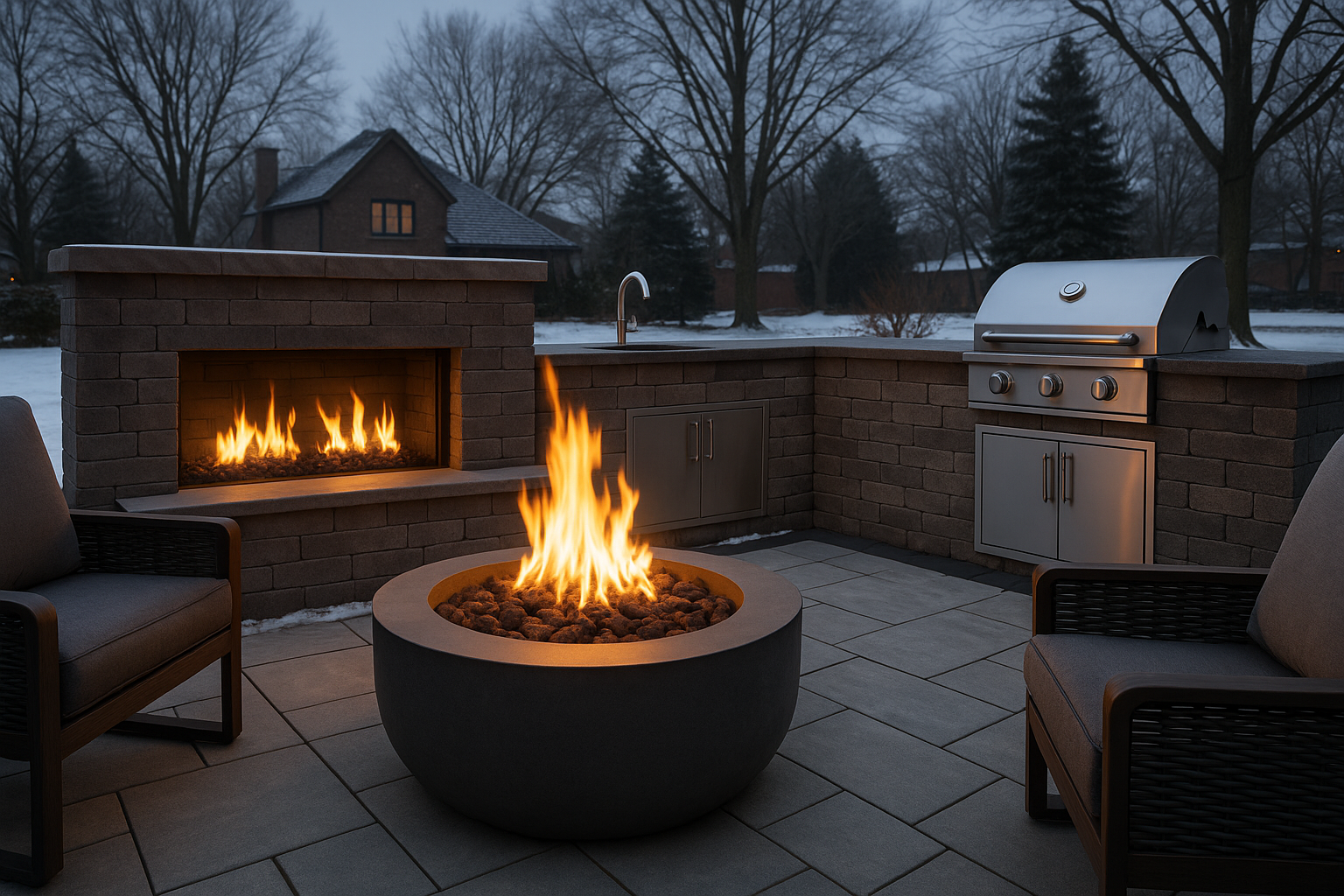 Outdoor patio with a fireplace, fire pit, and grill on a snowy day.