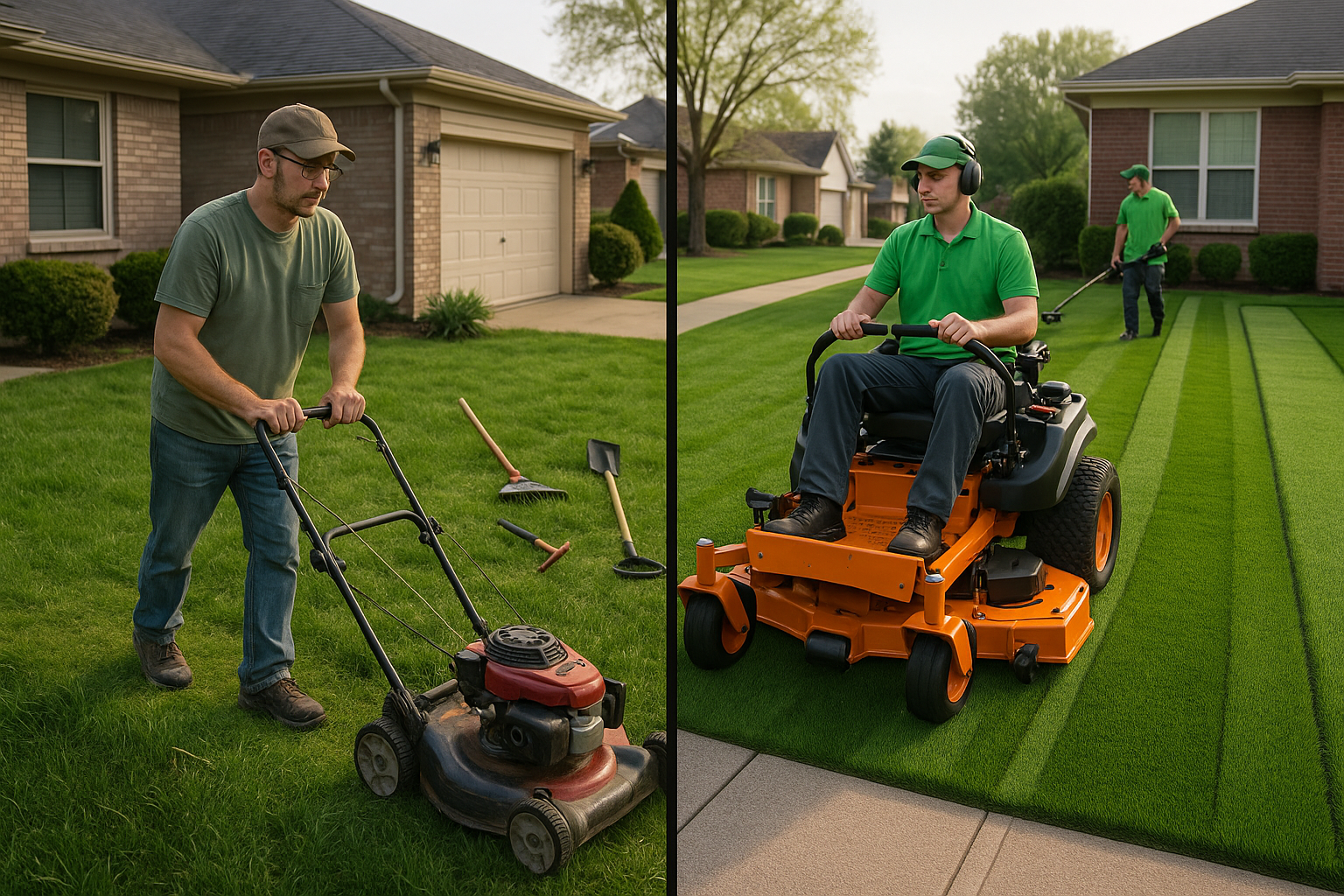 Man mowing lawn with push mower; other man mowing with riding mower. Suburban setting.