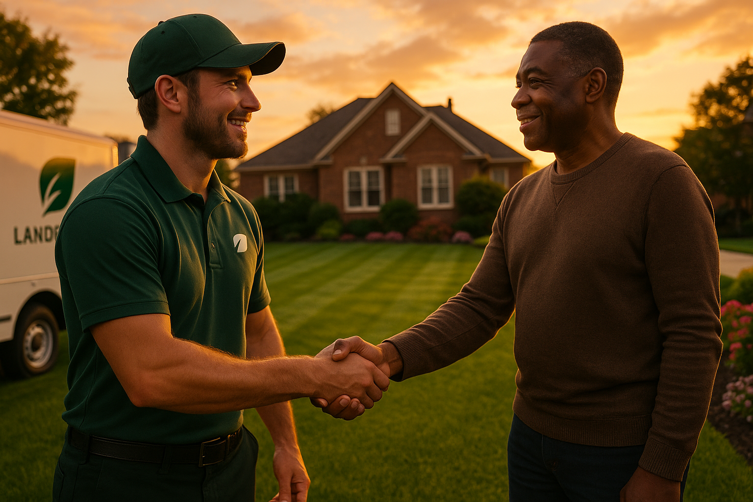 Landscaper shaking hands with a homeowner in front of a house, at sunset.