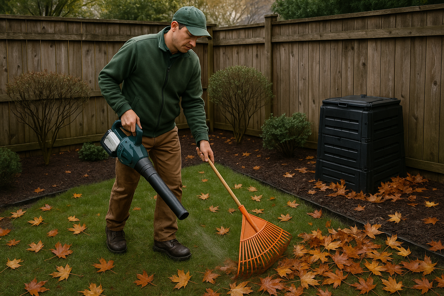 Man raking leaves in backyard, using leaf blower near compost bin.