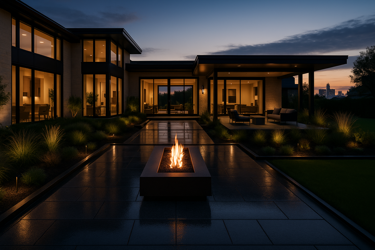Modern home at dusk, fire pit on a reflective surface, outdoor seating, and warm interior lighting.