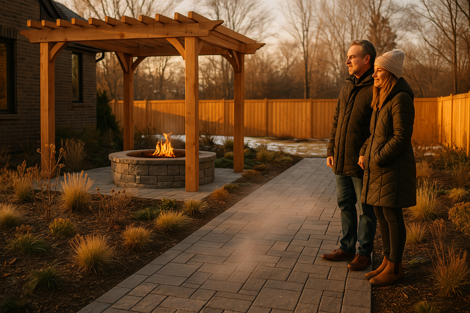 Couple in winter coats standing by a fire pit in a backyard with a wooden pergola.
