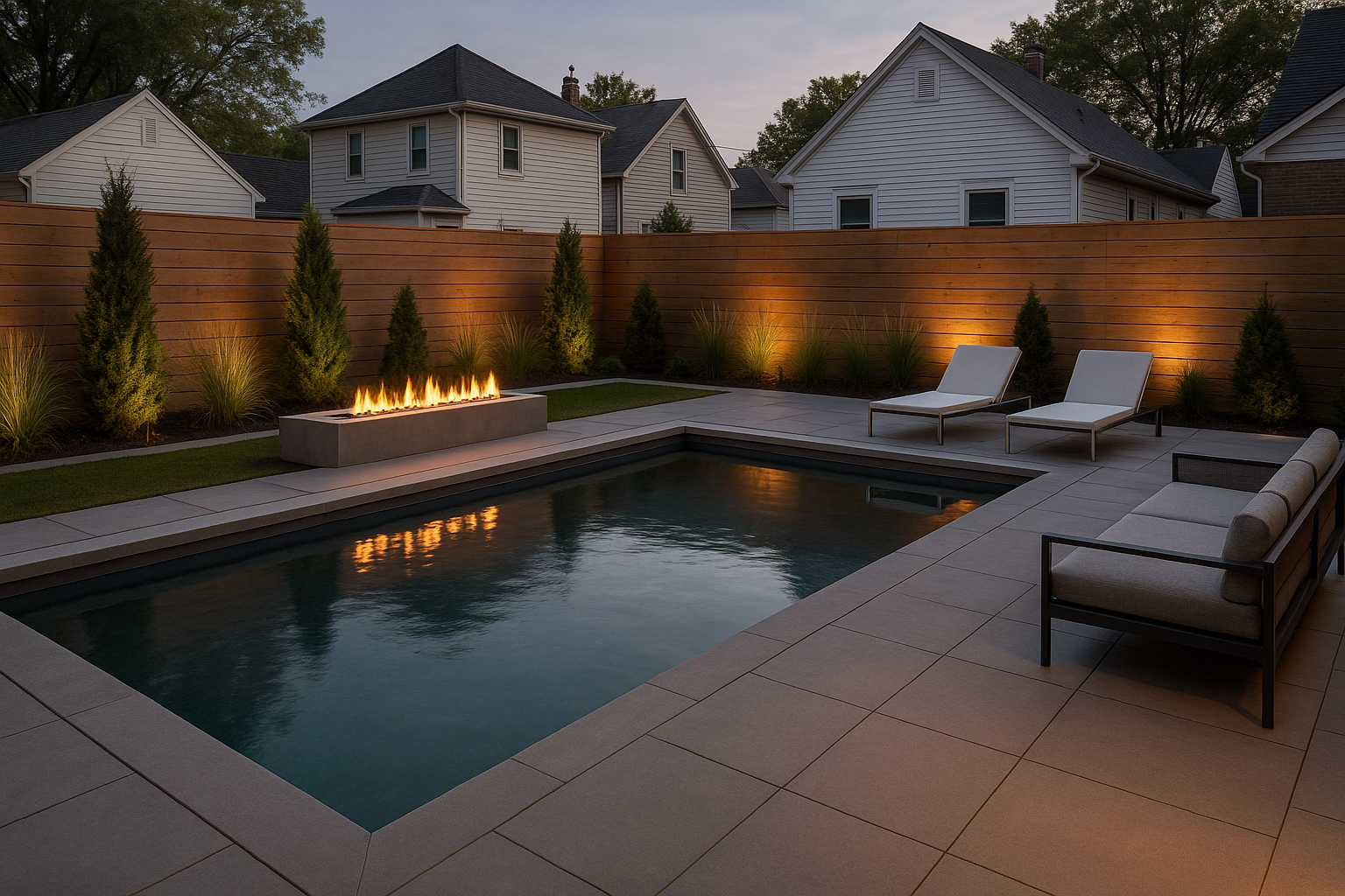 Outdoor pool area with lit fire pit and modern furniture in the evening, with a wooden fence background.