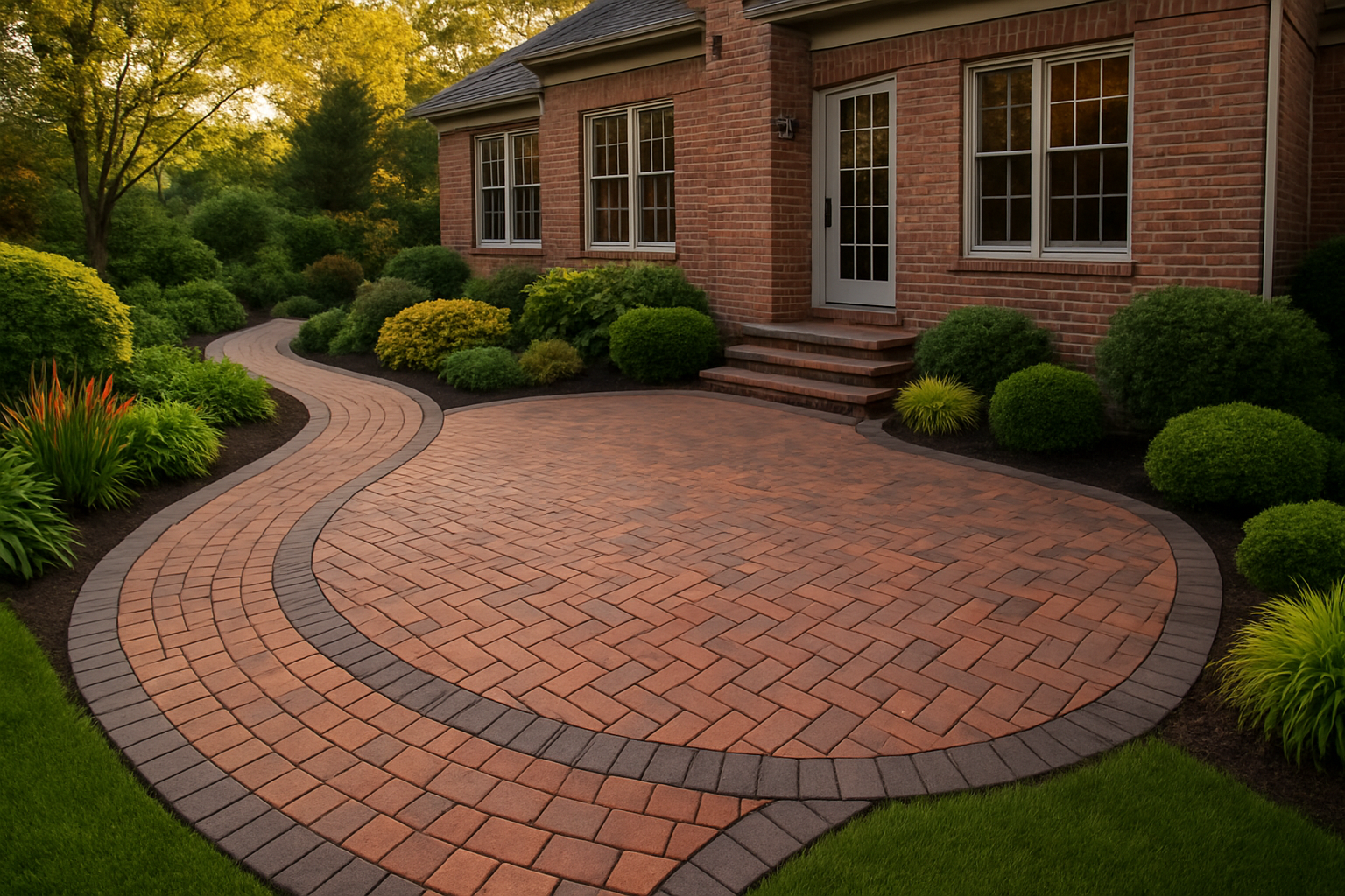 Patio with table, chairs, and umbrella in front of a brick building. Landscaped with bushes and brick path.
