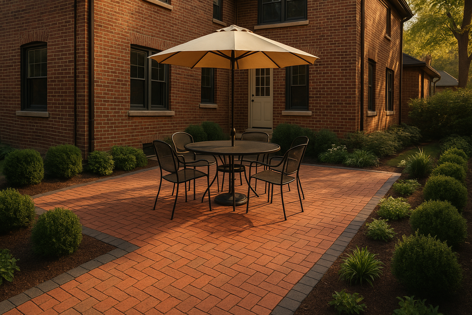 Patio with table, chairs, and umbrella in front of a brick building. Landscaped with bushes and brick path.