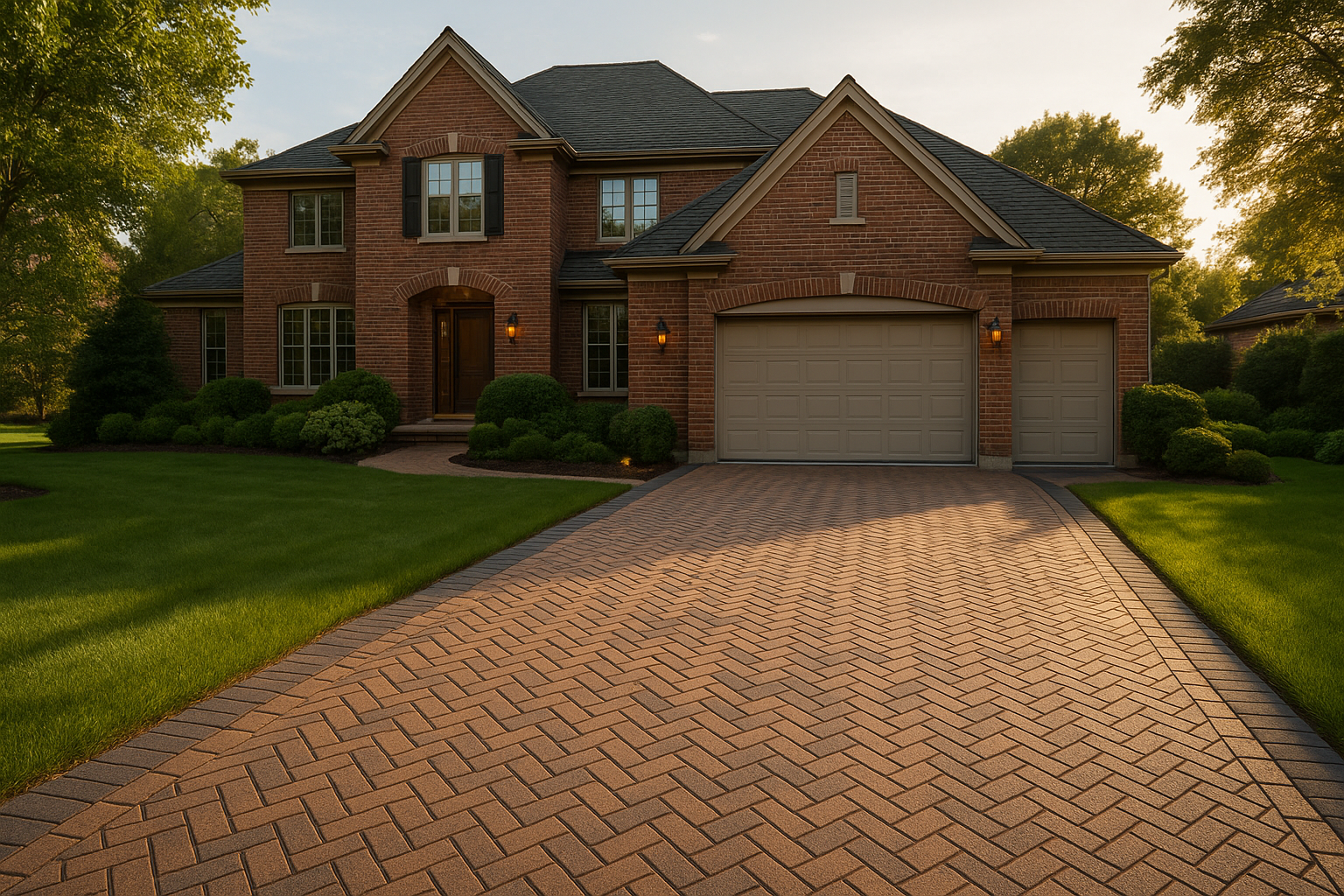Brick house with paver driveway and two-car garage, surrounded by green grass and trees.