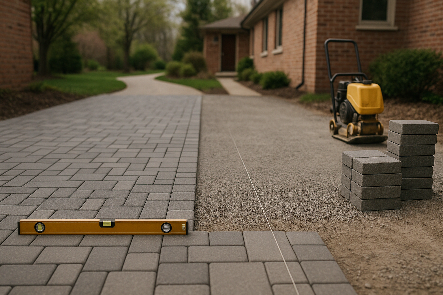 Gray patterned paving stones with grass growing in the square openings.