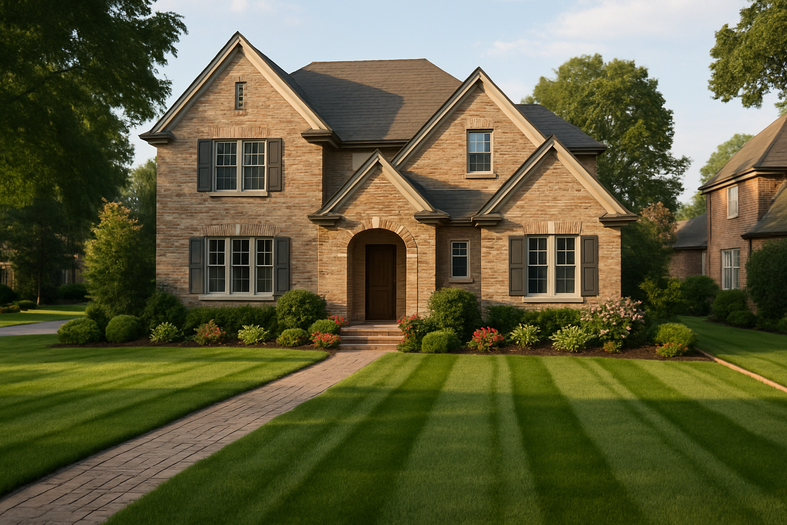 Brick house with manicured lawn and stone walkway.
