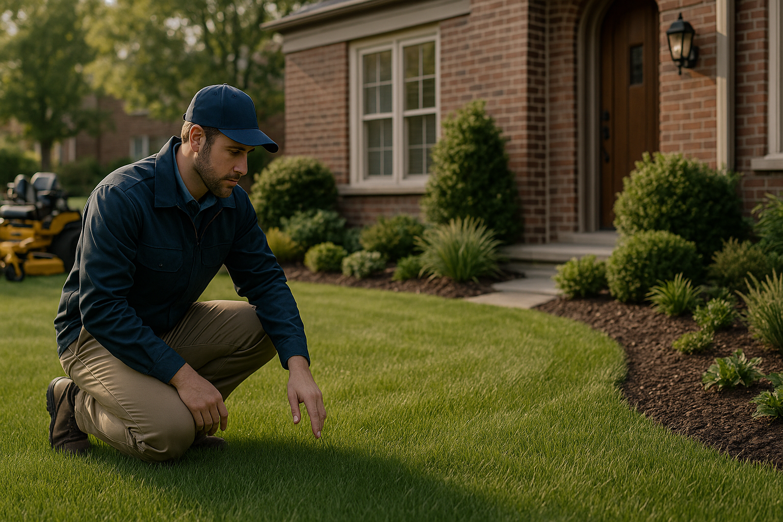 Man kneeling, inspecting lush green lawn in front of a brick house.