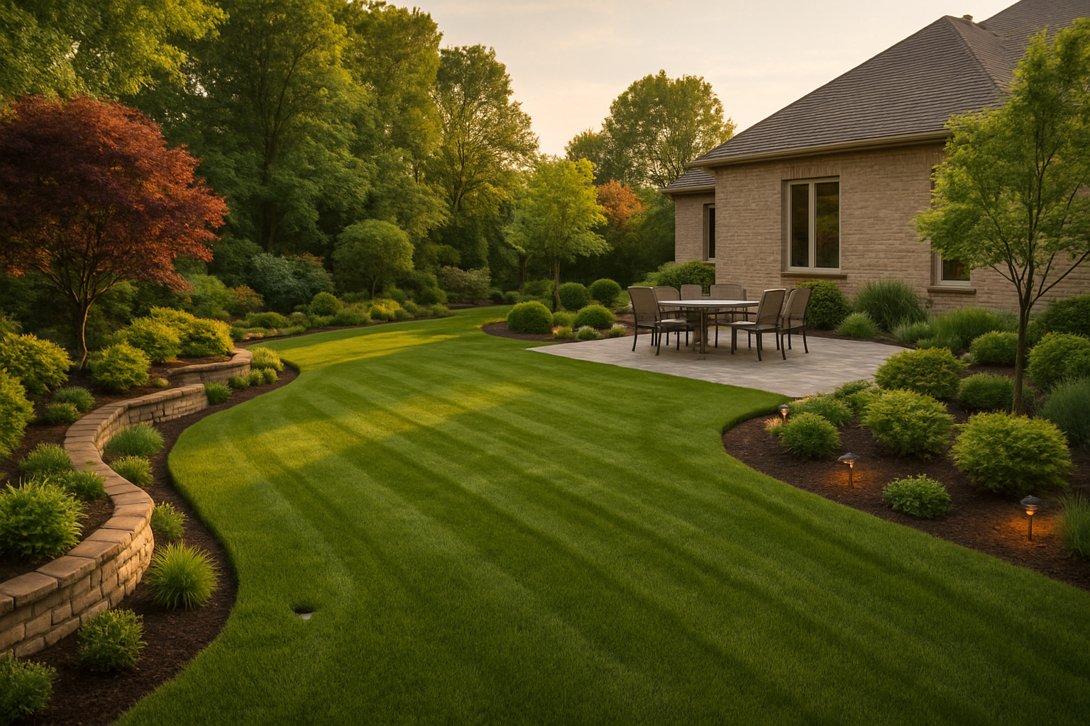 Lush green backyard with manicured lawn, stone patio with table and chairs, brick house, and landscaped gardens.