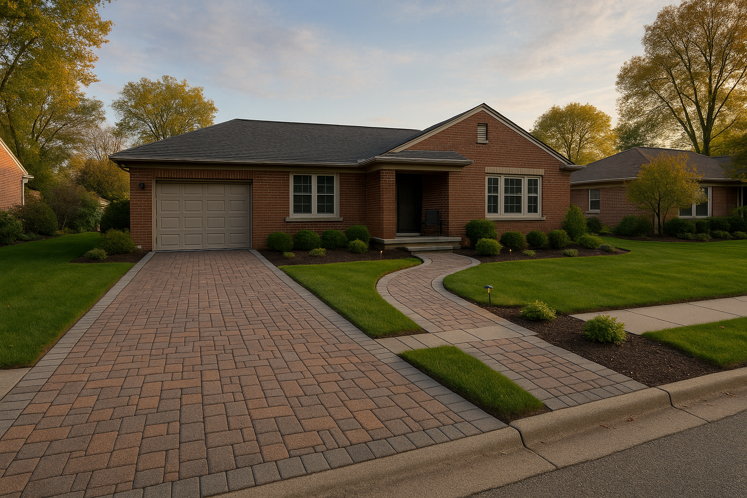 Brick home with a brick driveway and walkway, bordered by green grass and landscaping.