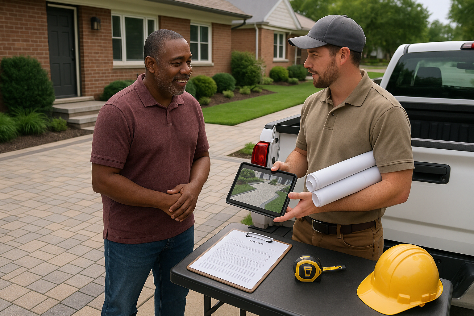 Man showing a homeowner design plans on a tablet outside a house.