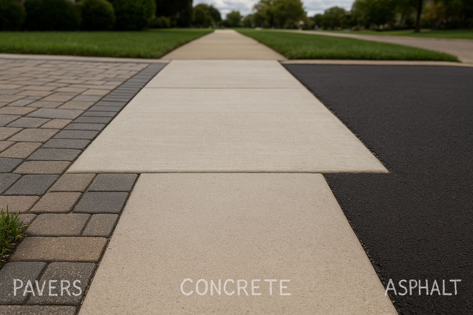 Pavers, concrete, and asphalt side-by-side, showcasing different walkway materials.