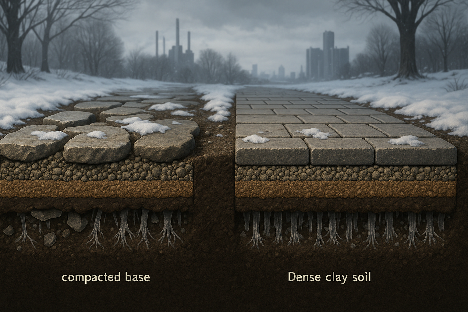Cross-section comparison of a stone path on compacted base versus dense clay soil, showing materials and root systems.