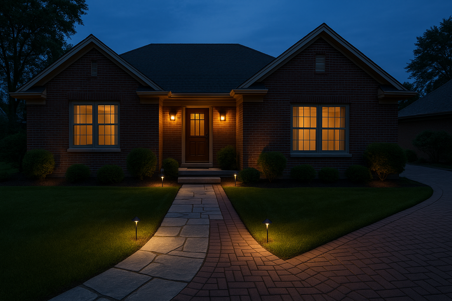 A house at night with path lighting illuminating the walkway to the front door.