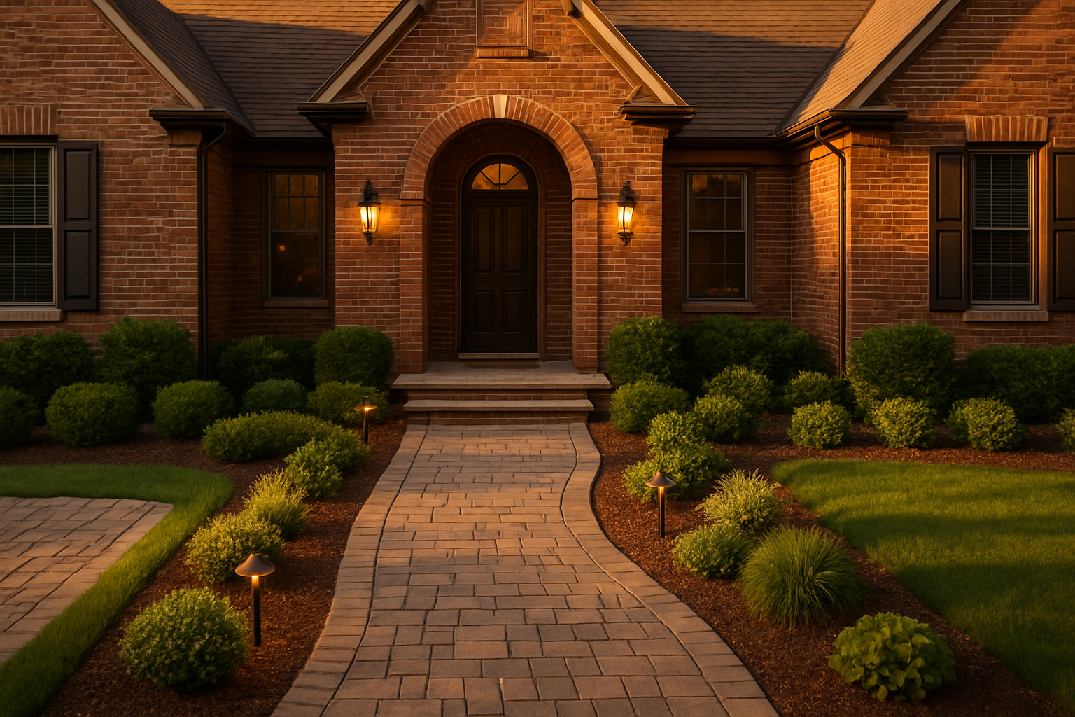 Brick house with arched doorway, stone walkway lined with bushes.