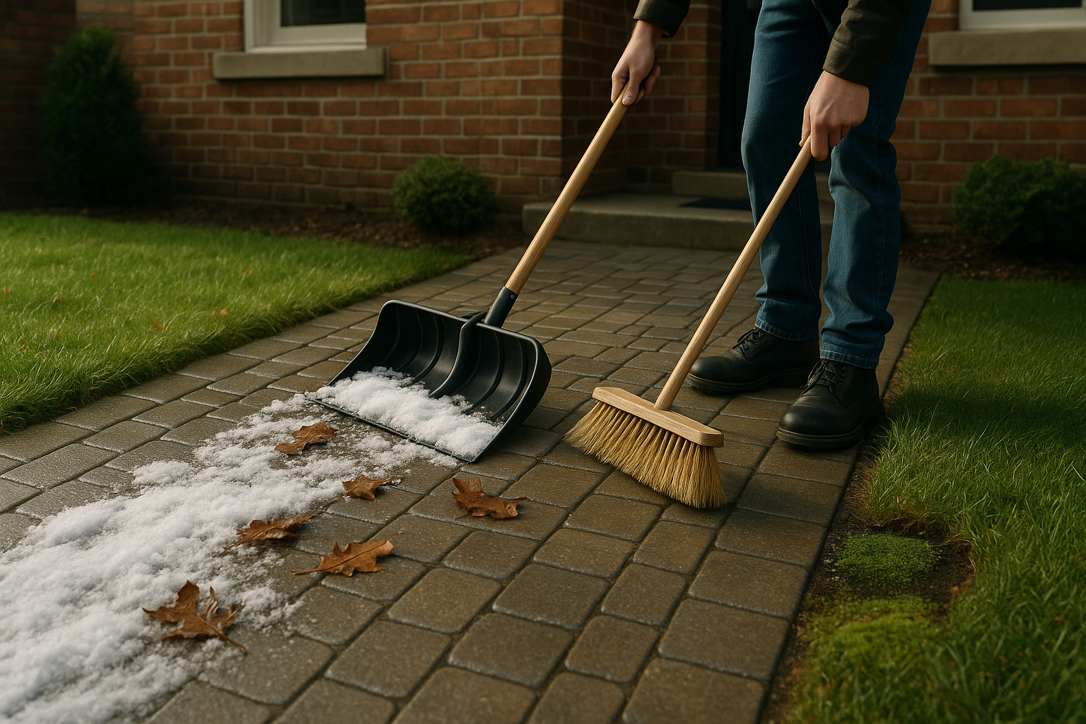 Person clearing snow from a brick walkway using a shovel and broom next to grass.