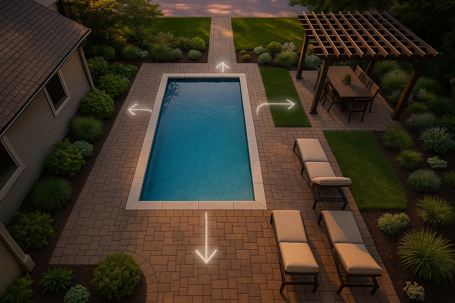 Overhead view of a rectangular pool surrounded by a brick patio, lounge chairs, a pergola, and landscaping.
