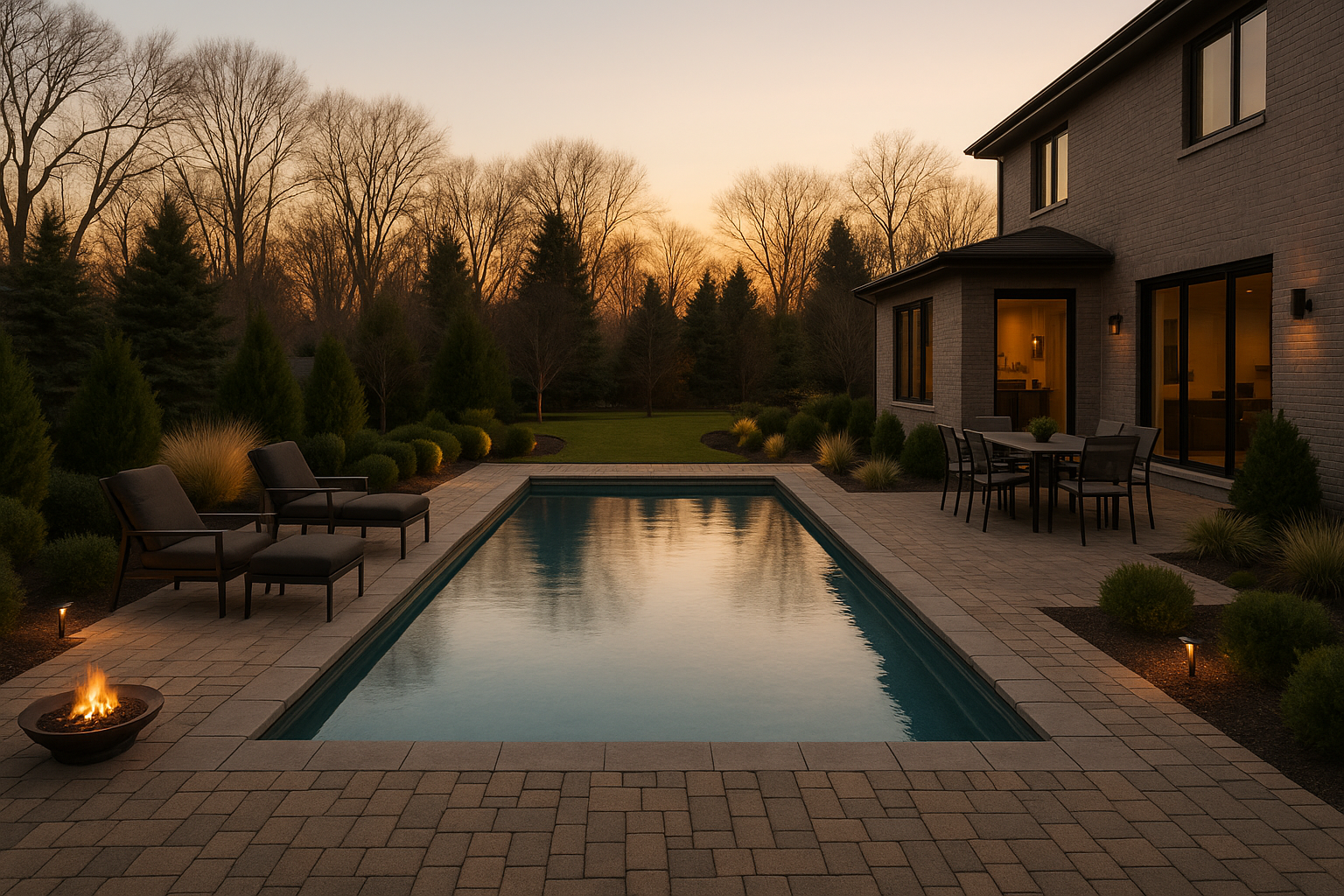 Backyard pool with dusk sky, patio, lounge chairs, and fire pit. Next to house.
