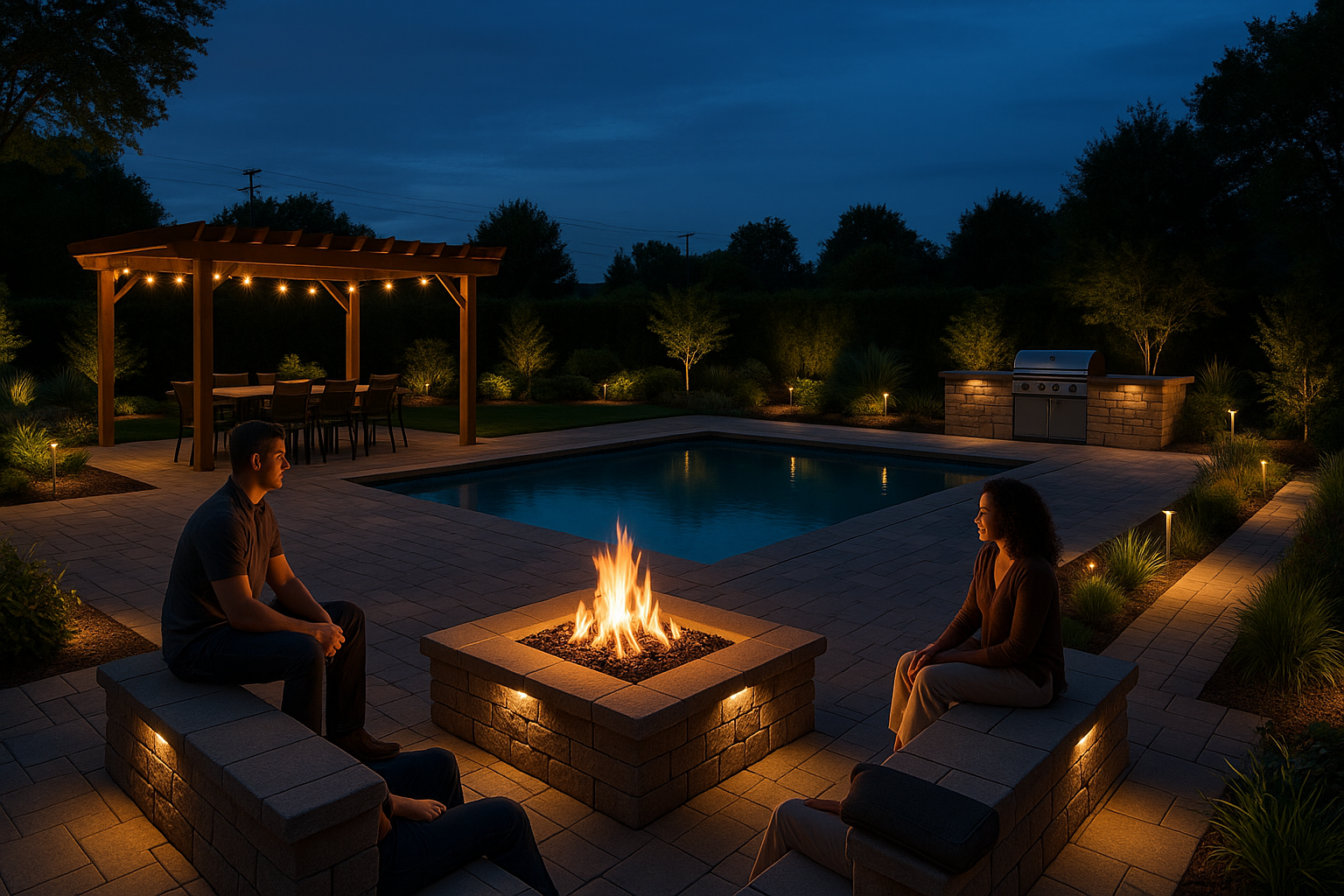 Couple by a fire pit, patio at night, illuminated pool, pergola, string lights.