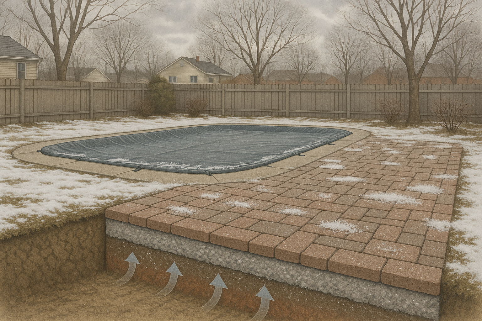 A winter scene shows a pool covered and a brick patio with a cross-section showing its layers.