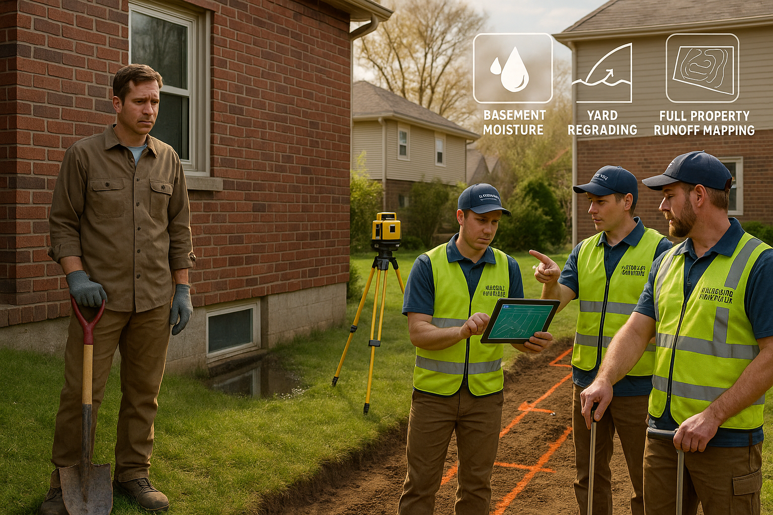 Landscape drainage crew using tablet and laser level to plan yard regrading for basement moisture while a worried homeowner holds a shovel