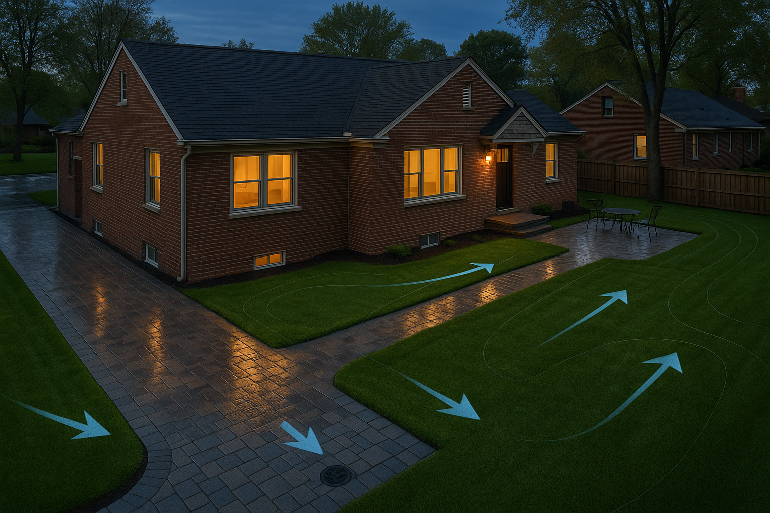 Brick house at dusk, lit windows, driveway, and lawn. Blue arrows show water drainage paths.