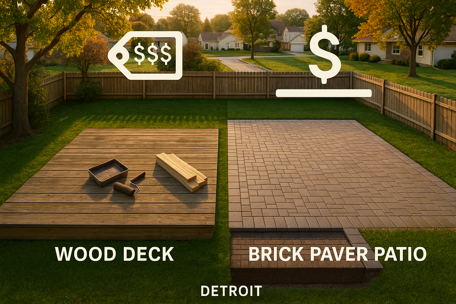 Comparison of wood deck vs. brick paver patio in a backyard setting, with price labels indicating cost difference.