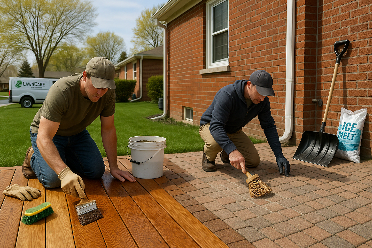 Two people applying stain to a wood deck and a brick patio outside a house.