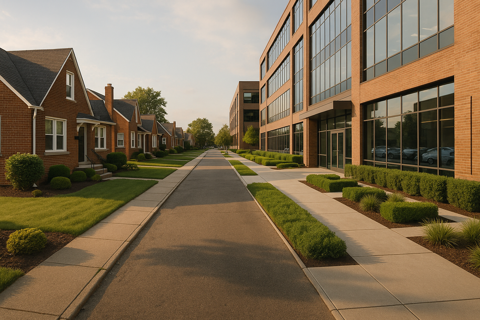 Street lined with brick houses on the left and a modern brick building on the right.