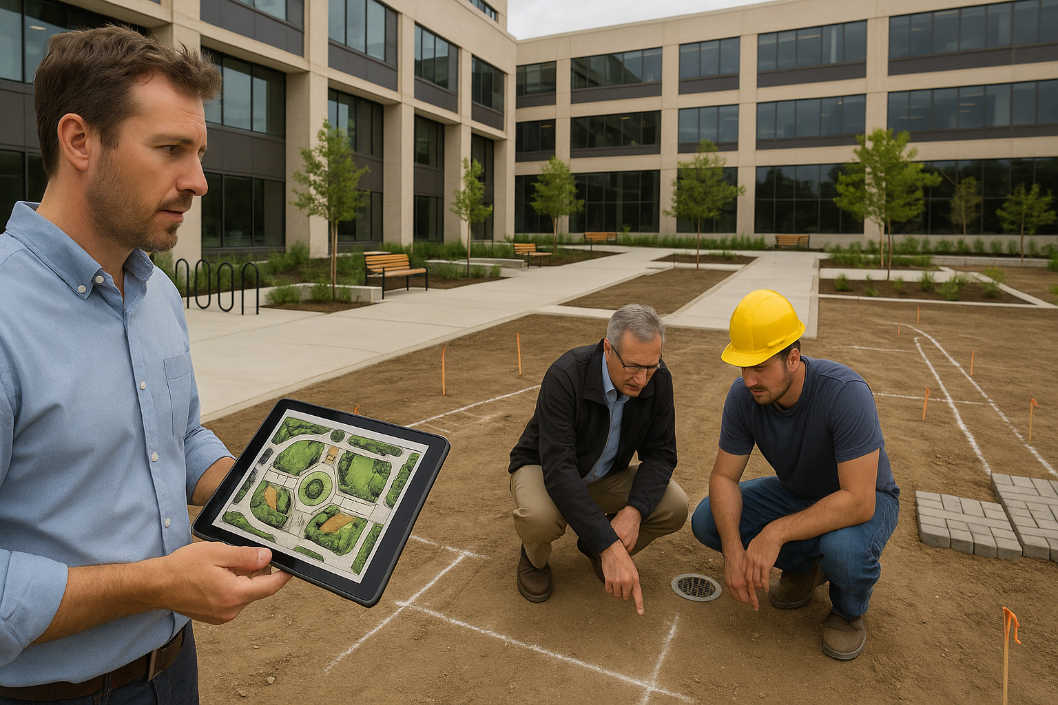 Man shows a landscape design on tablet to two men on construction site. Brown soil, building backdrop.