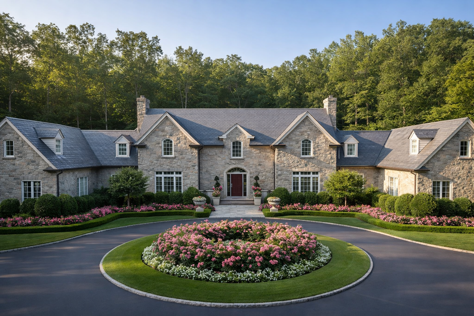 Stone mansion with circular driveway, garden, and green trees.