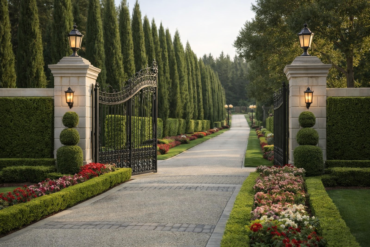 Ornate iron gate opens to a long stone path lined with trimmed hedges, flowers, and trees with ornate lights.
