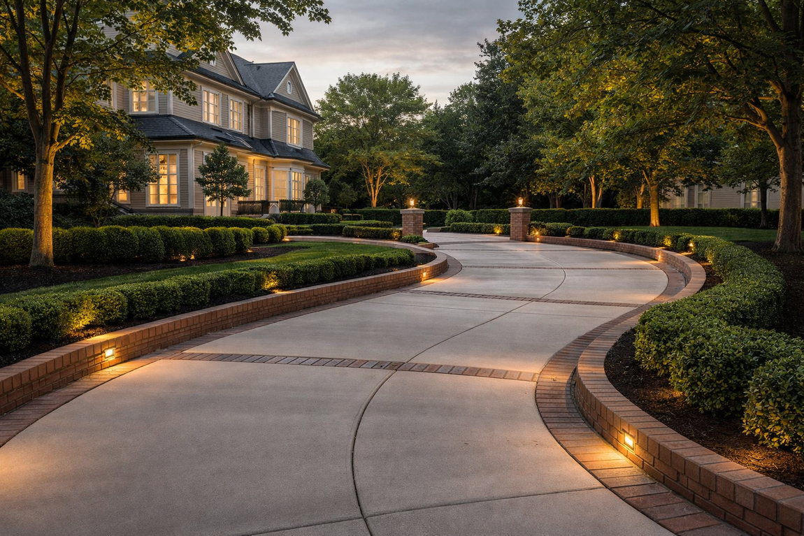 Large stone house with pool, manicured lawn, and driveway.