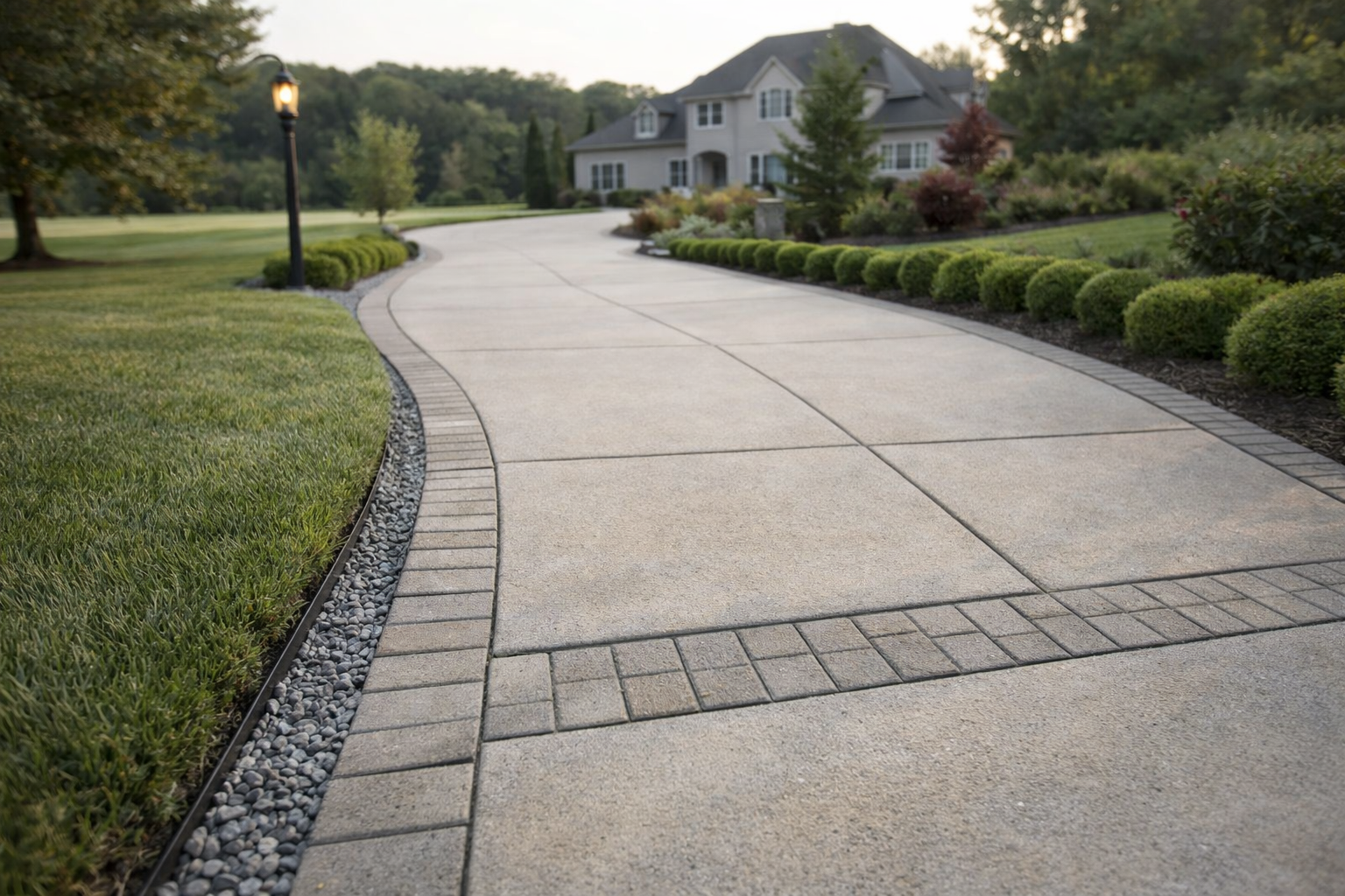Driveway leading to a two-story house, bordered by shrubs and stone.