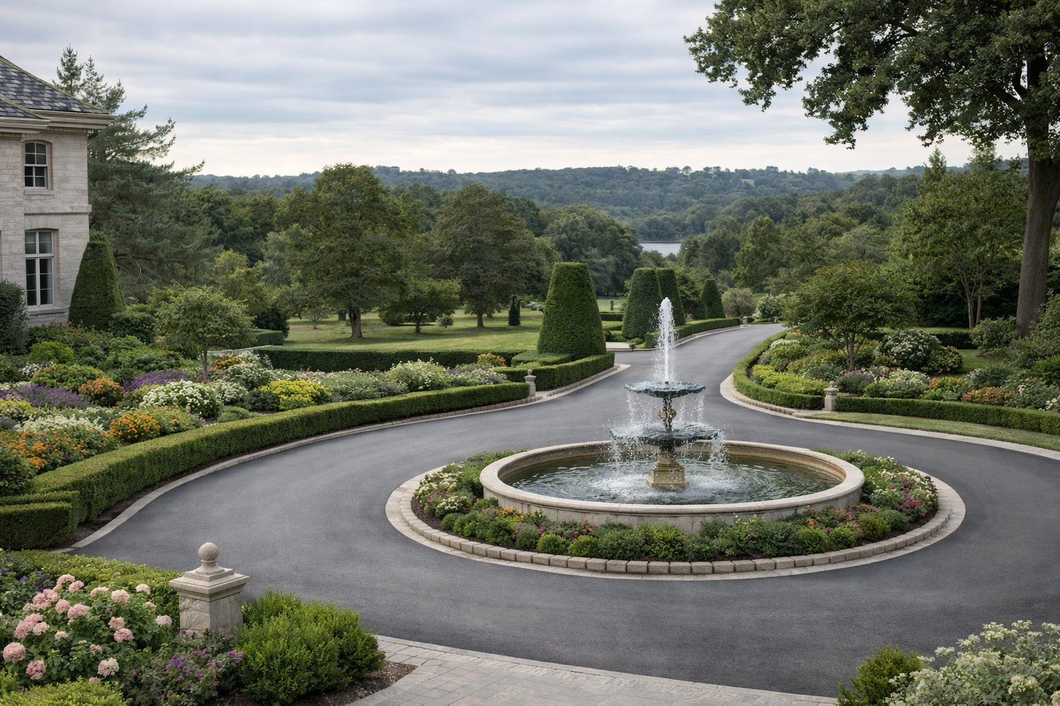 Asphalt driveway with a fountain leads to a large house, surrounded by gardens and trees.