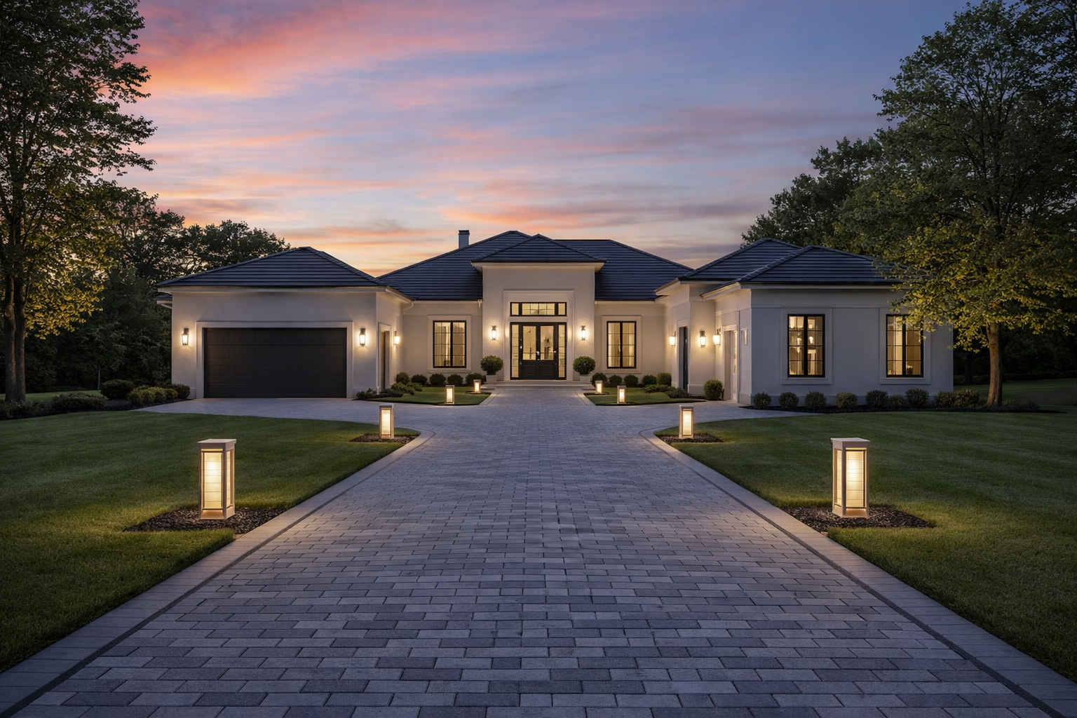 Modern home with long, lighted driveway at dusk.