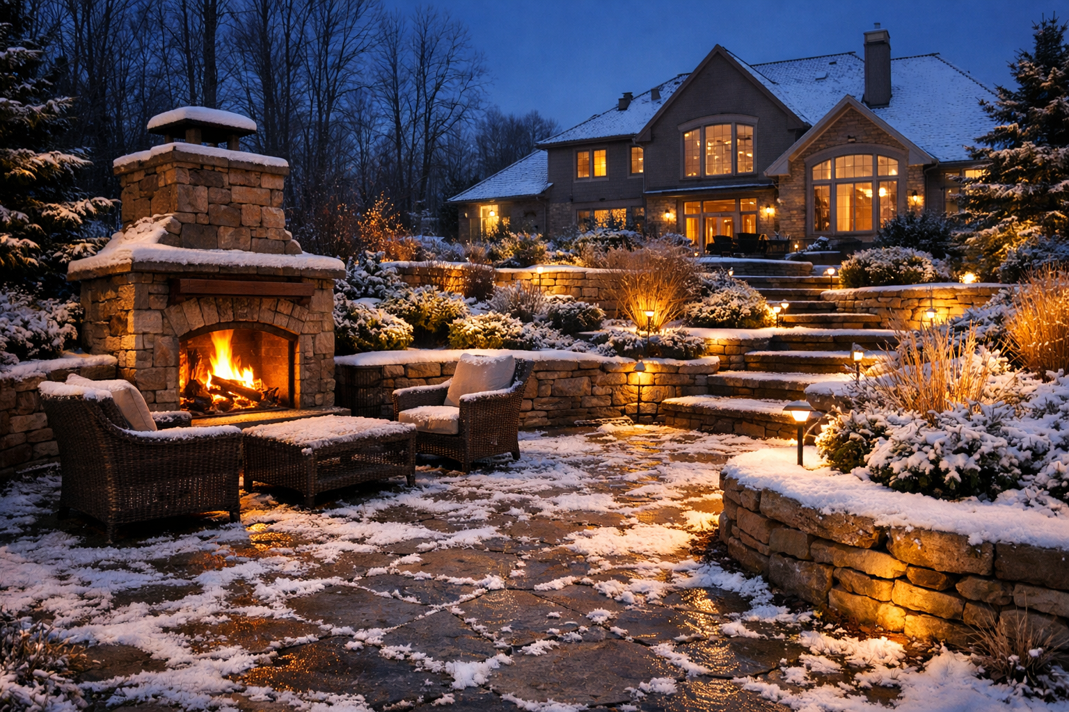 A stone fireplace glows on a snow-covered patio with chairs at dusk, set before a large, warmly lit house.