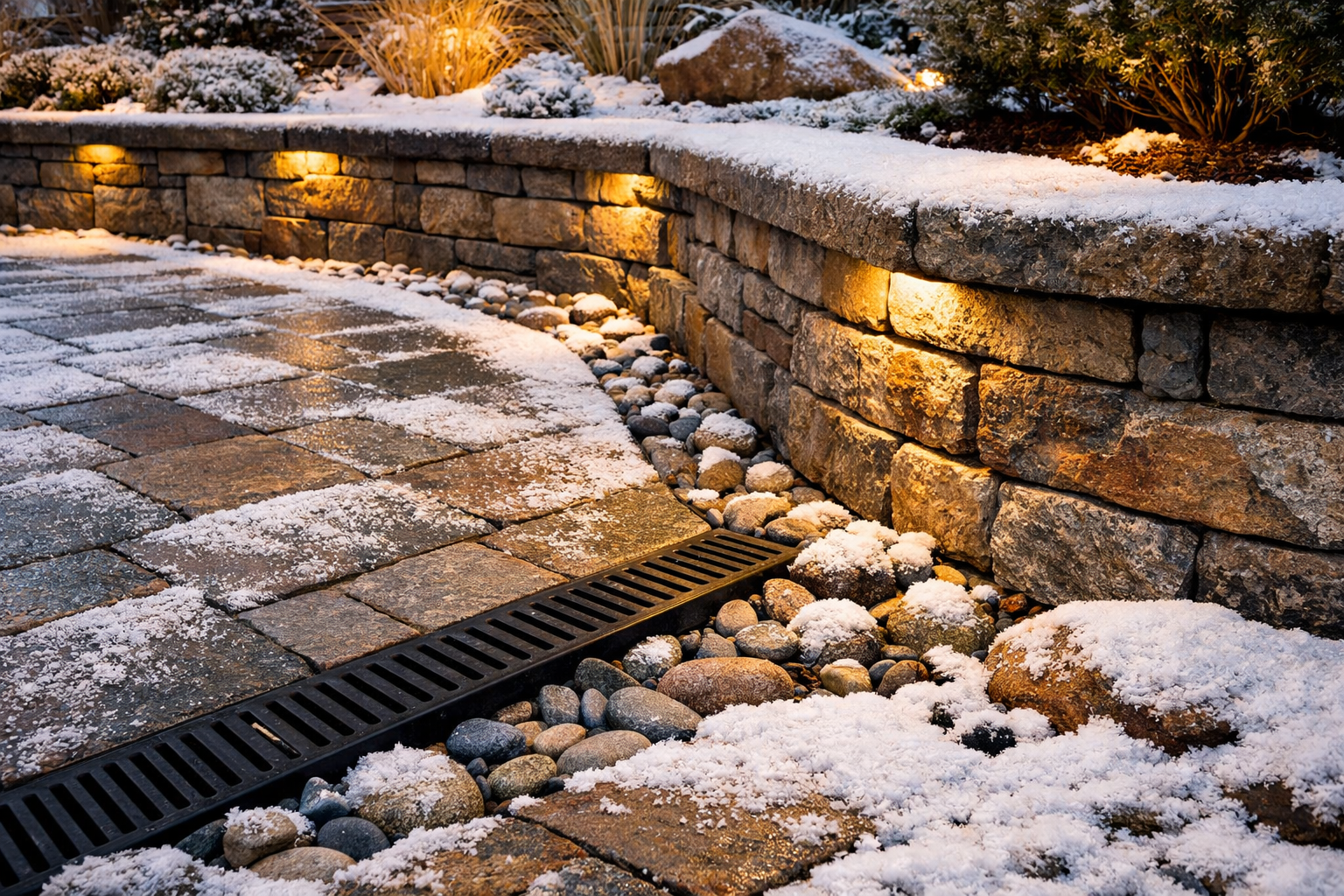 A snow-dusted stone patio with an integrated drainage grate and a curved retaining wall lit by warm recessed lights.