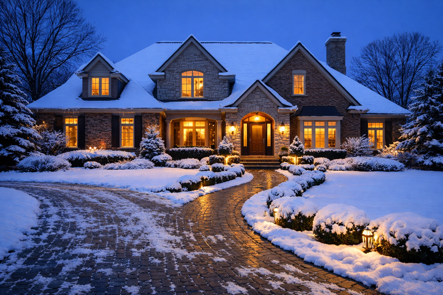 A multi-story stone house with a snowy roof and illuminated windows at dusk, with snow covering the yard and walkway.