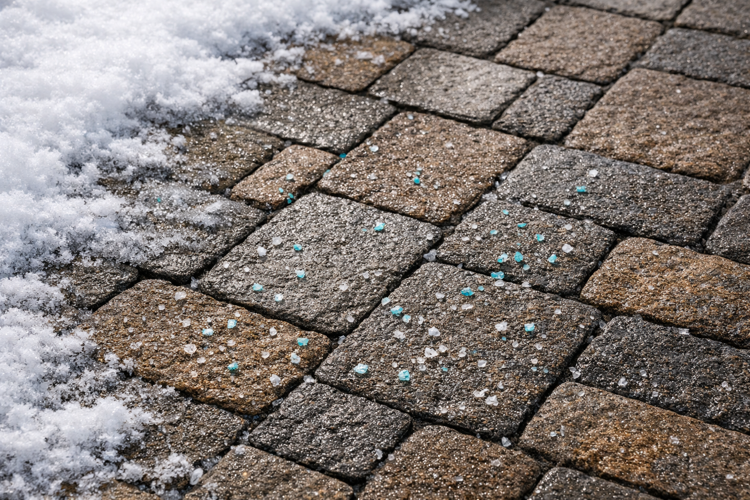A close-up view of stone pavers dusted with snow and scattered with blue ice-melting pellets.