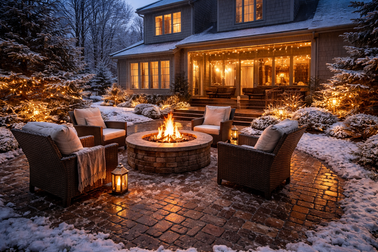 A stone fire pit with glowing flames on a snowy brick patio, surrounded by wicker chairs outside a lit house at dusk.
