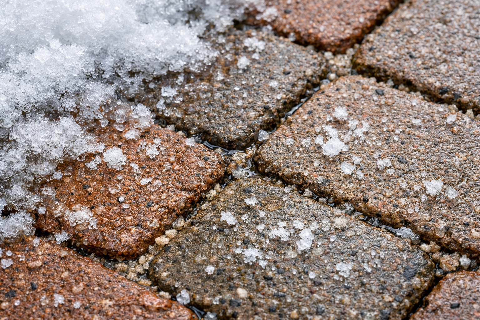 A close-up view of stone pavers lightly covered in snow and ice crystals during winter.