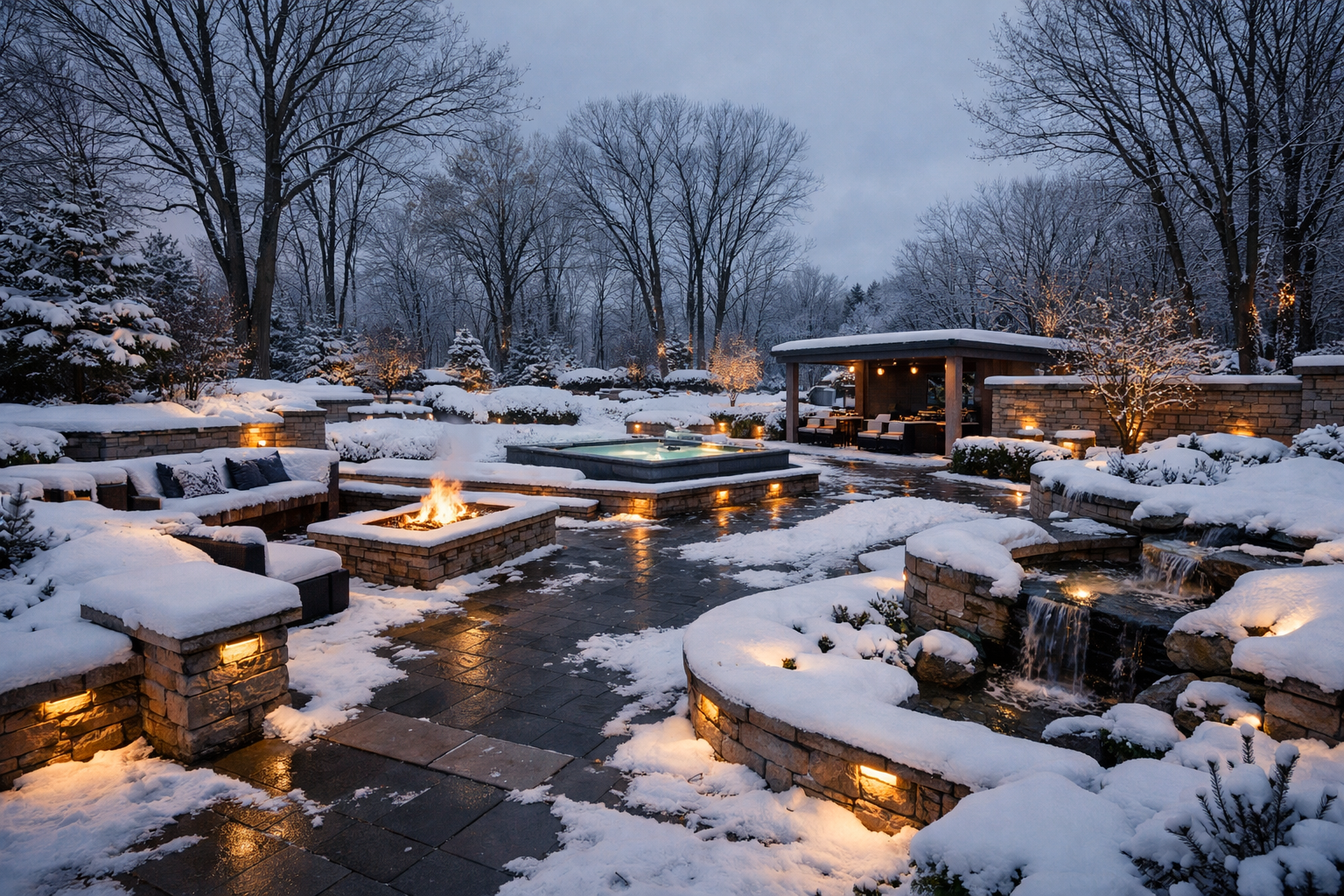 Snowy outdoor oasis with fire pit, hot tub, and waterfalls, lit by warm lights.
