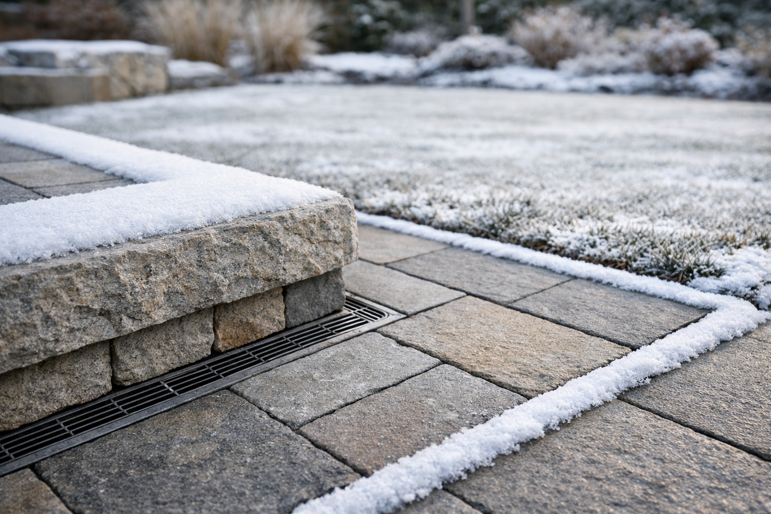 Stone patio and low wall dusted with snow, border drainage, frosty grass in background.