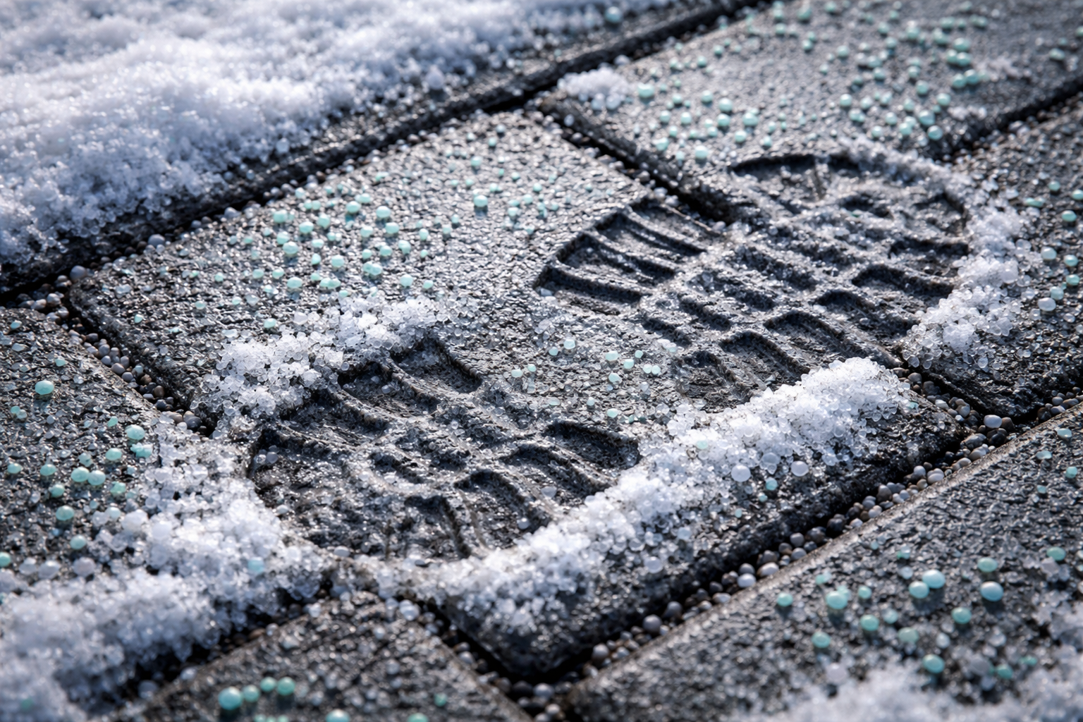 Footprint in snow on dark brick pavers.