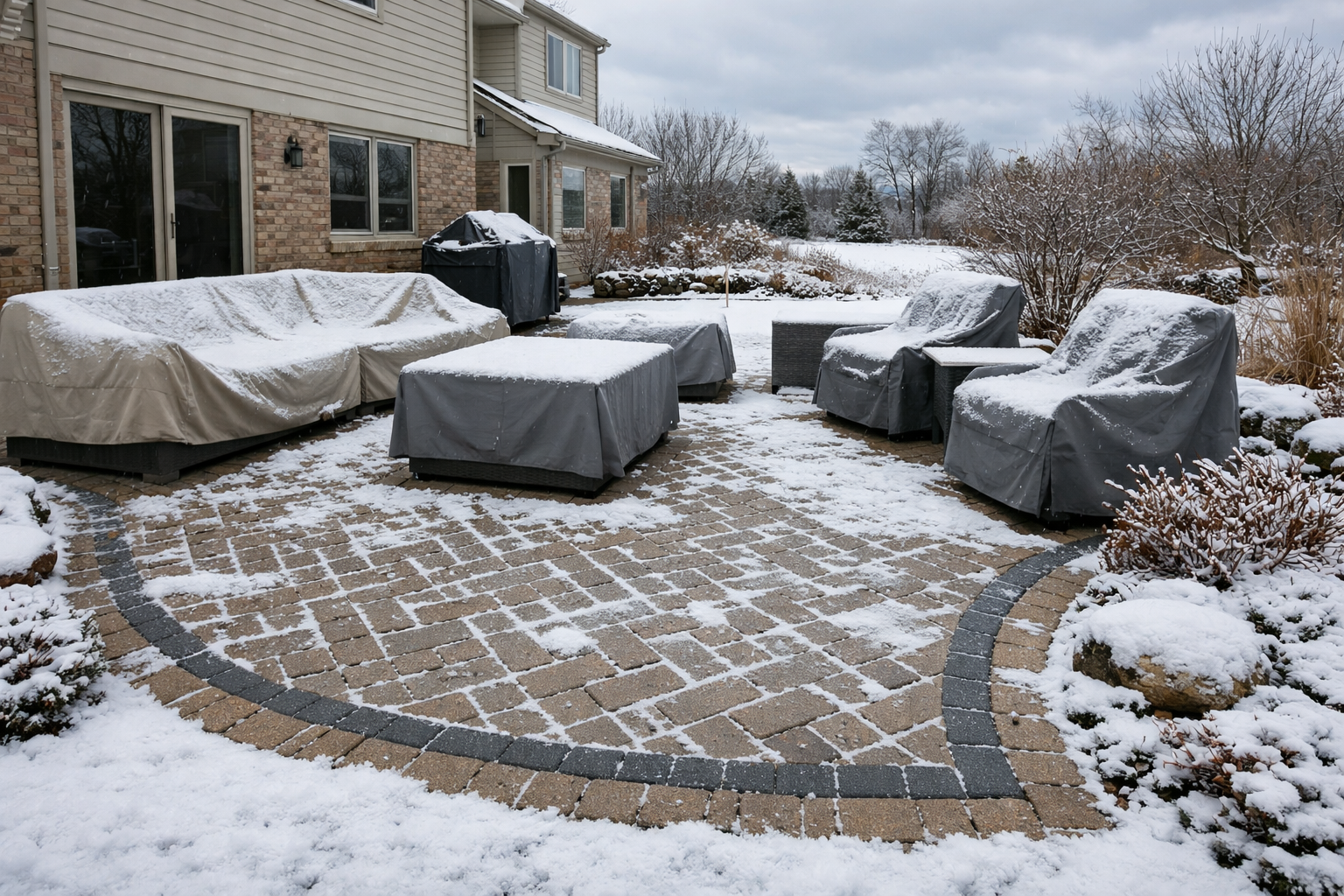 Snowy backyard patio with covered furniture; brick and stone pavers, house in background.